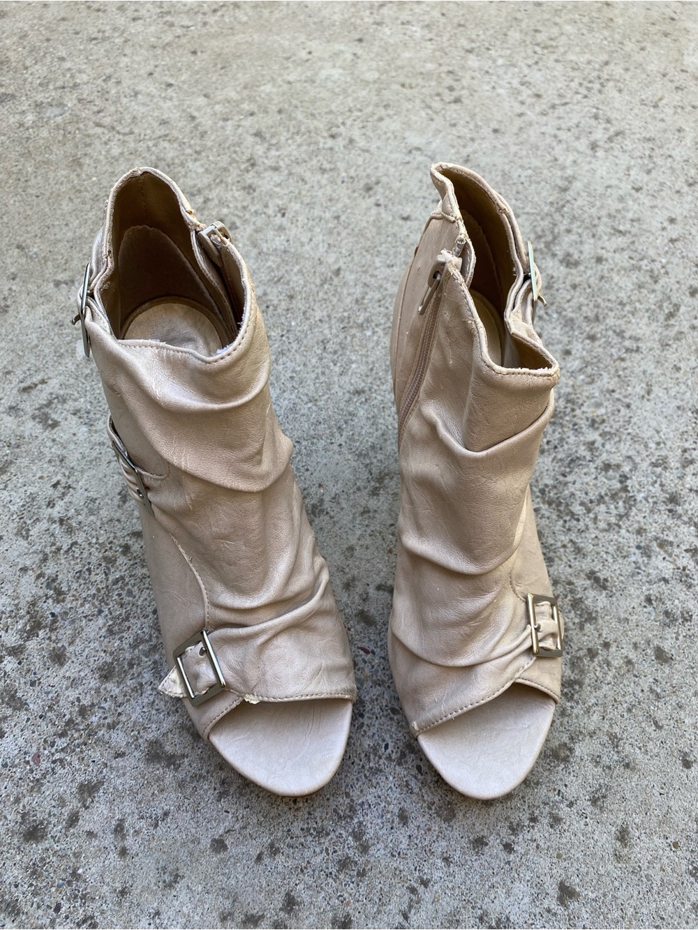 Beige Open-Toe Slouch Booties with Buckle Detail - Women Shoes